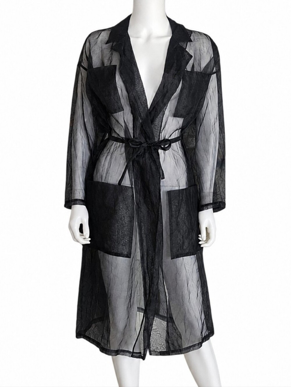 VINTAGE | Black Sheer Silk Organza Longline Trench Coat OS